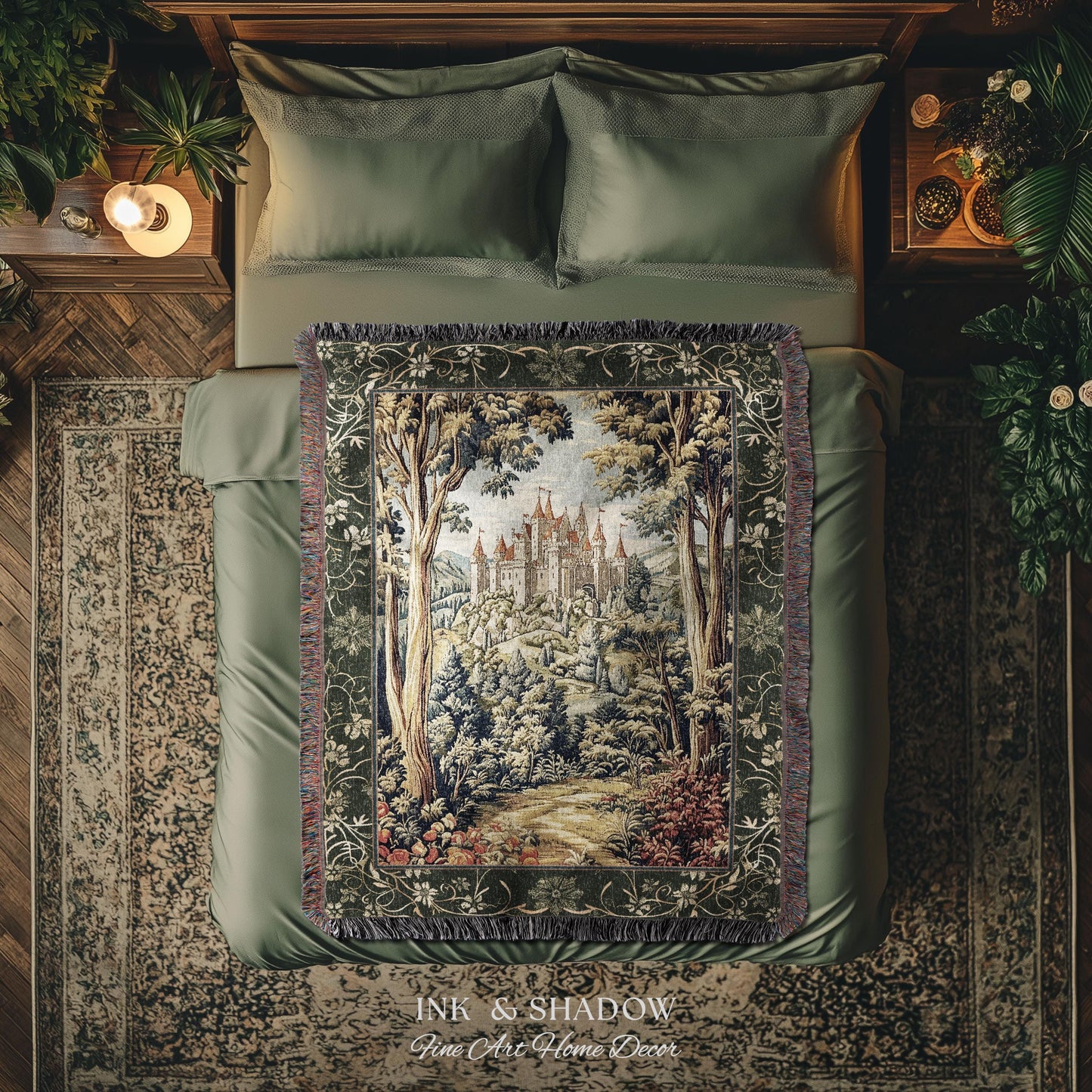 Mystic Castle Book Nook Tapestry Throw Ethereal Fairycore Folklore Aesthetic | Magical Woodland Botanical Blanket Dark Academia Indie Decor