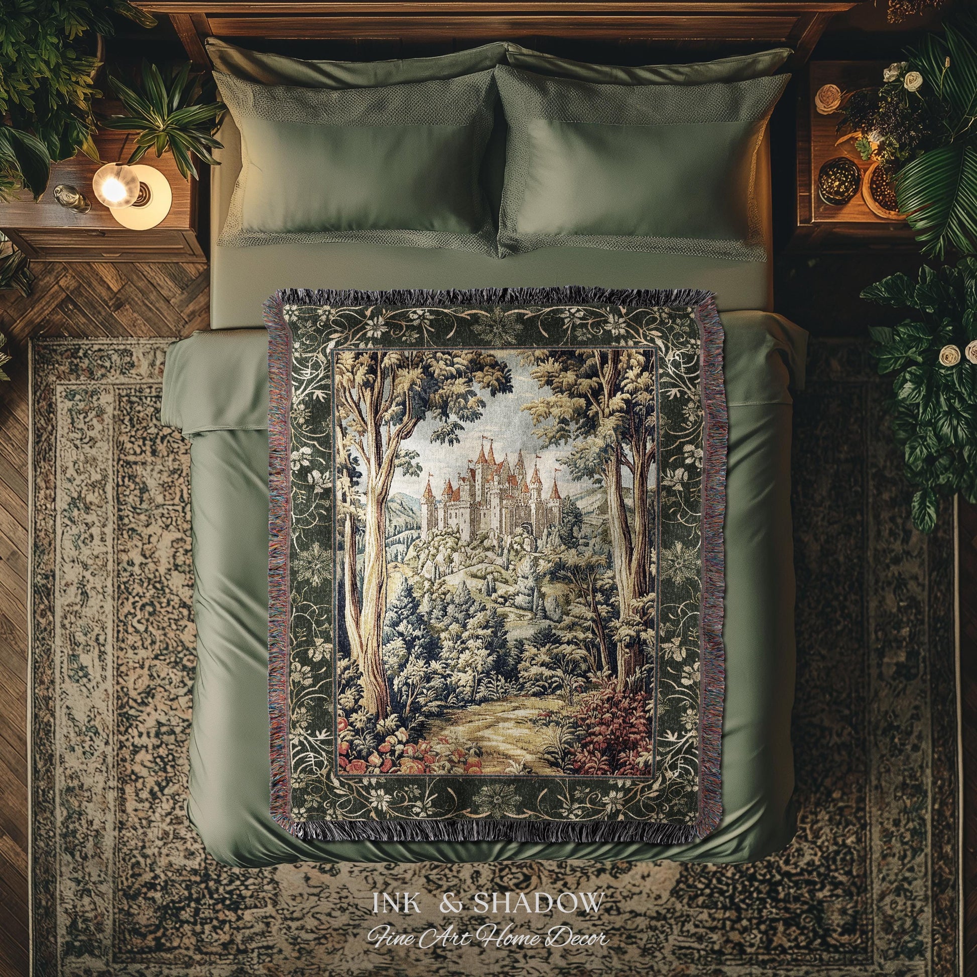 Mystic Castle Book Nook Tapestry Throw Ethereal Fairycore Folklore Aesthetic | Magical Woodland Botanical Blanket Dark Academia Indie Decor