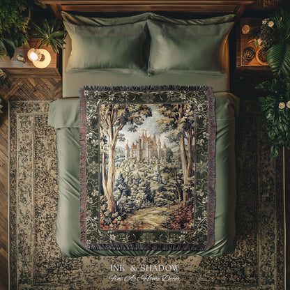 Mystic Castle Book Nook Tapestry Throw Ethereal Fairycore Folklore Aesthetic | Magical Woodland Botanical Blanket Dark Academia Indie Decor