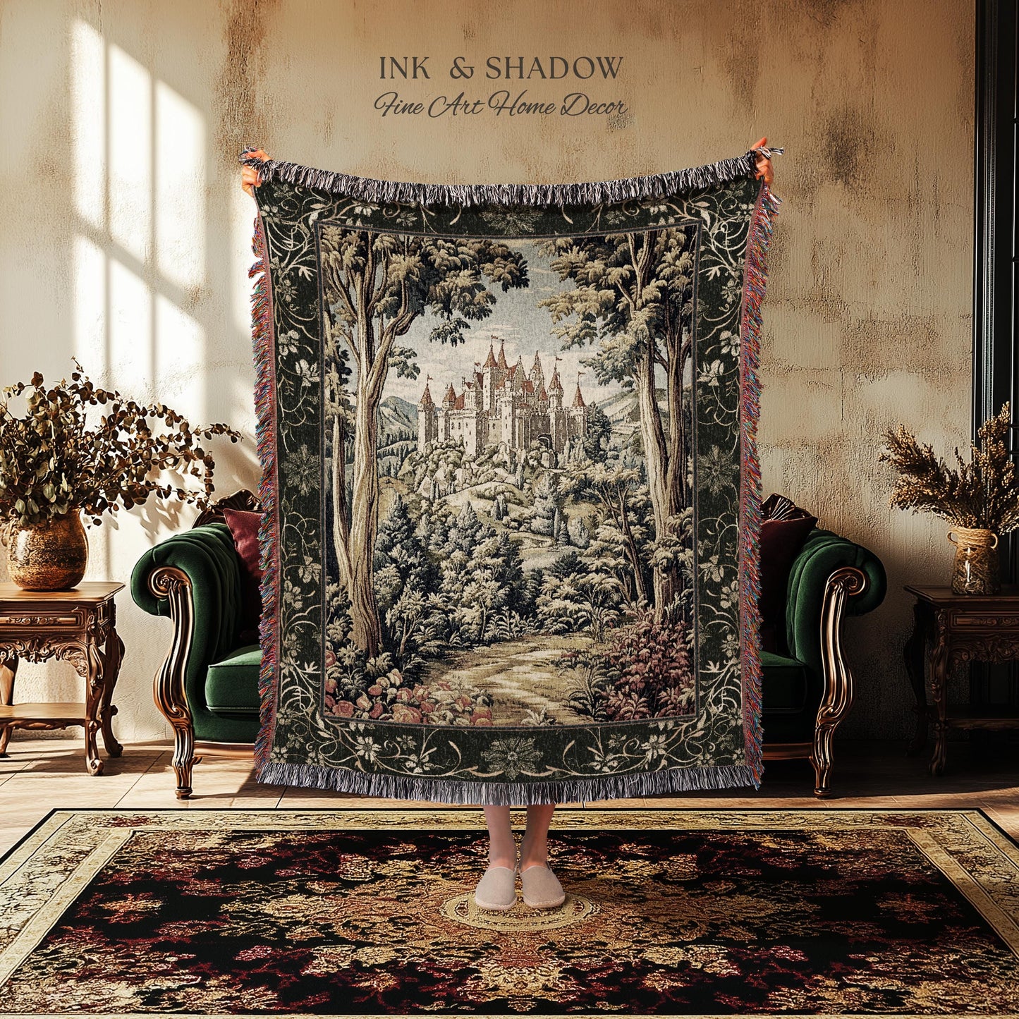 Mystic Castle Book Nook Tapestry Throw Ethereal Fairycore Folklore Aesthetic | Magical Woodland Botanical Blanket Dark Academia Indie Decor