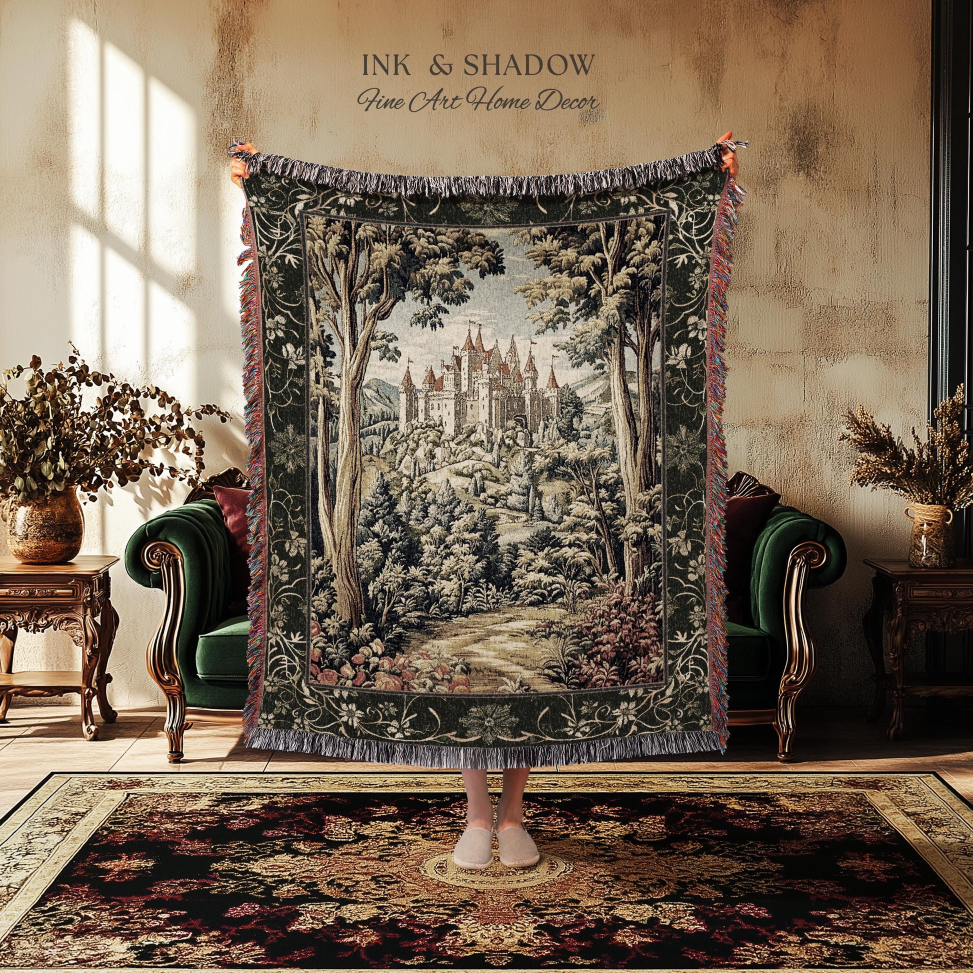 Mystic Castle Book Nook Tapestry Throw Ethereal Fairycore Folklore Aesthetic | Magical Woodland Botanical Blanket Dark Academia Indie Decor