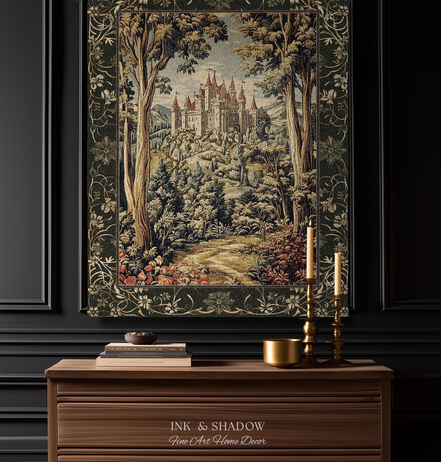 Mystic Castle Book Nook Tapestry Throw Ethereal Fairycore Folklore Aesthetic | Magical Woodland Botanical Blanket Dark Academia Indie Decor