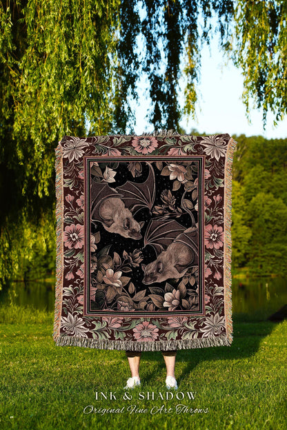 Victorian Gothic Bat Tapestry Woven Throw Occult Decor | Macabre Dark Botanical Floral Whimsigothic Art Blanket Rustic Forest Wall Hanging