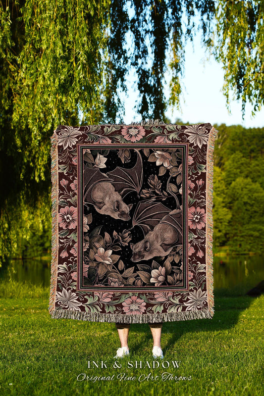 Victorian Gothic Bat Tapestry Woven Throw Occult Decor | Macabre Dark Botanical Floral Whimsigothic Art Blanket Rustic Forest Wall Hanging
