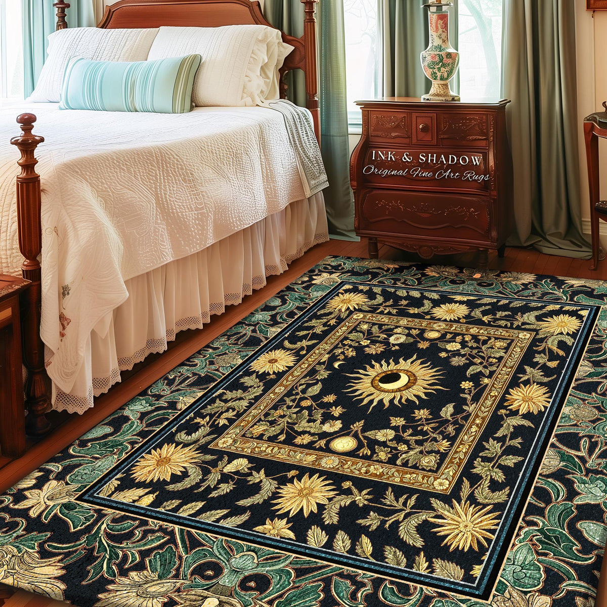 May include: A rectangular area rug with a dark blue background and a central design featuring a sun and moon. The rug has a floral border with gold and green accents. The text "INK & SHADOW Original Fine Art Rugs" is visible.