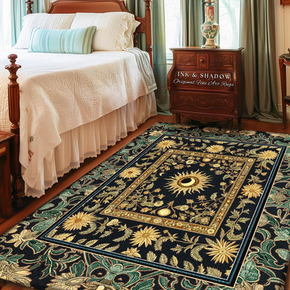 May include: A rectangular area rug with a dark blue background and a central design featuring a sun and moon. The rug has a floral border with gold and green accents. The text "INK & SHADOW Original Fine Art Rugs" is visible.