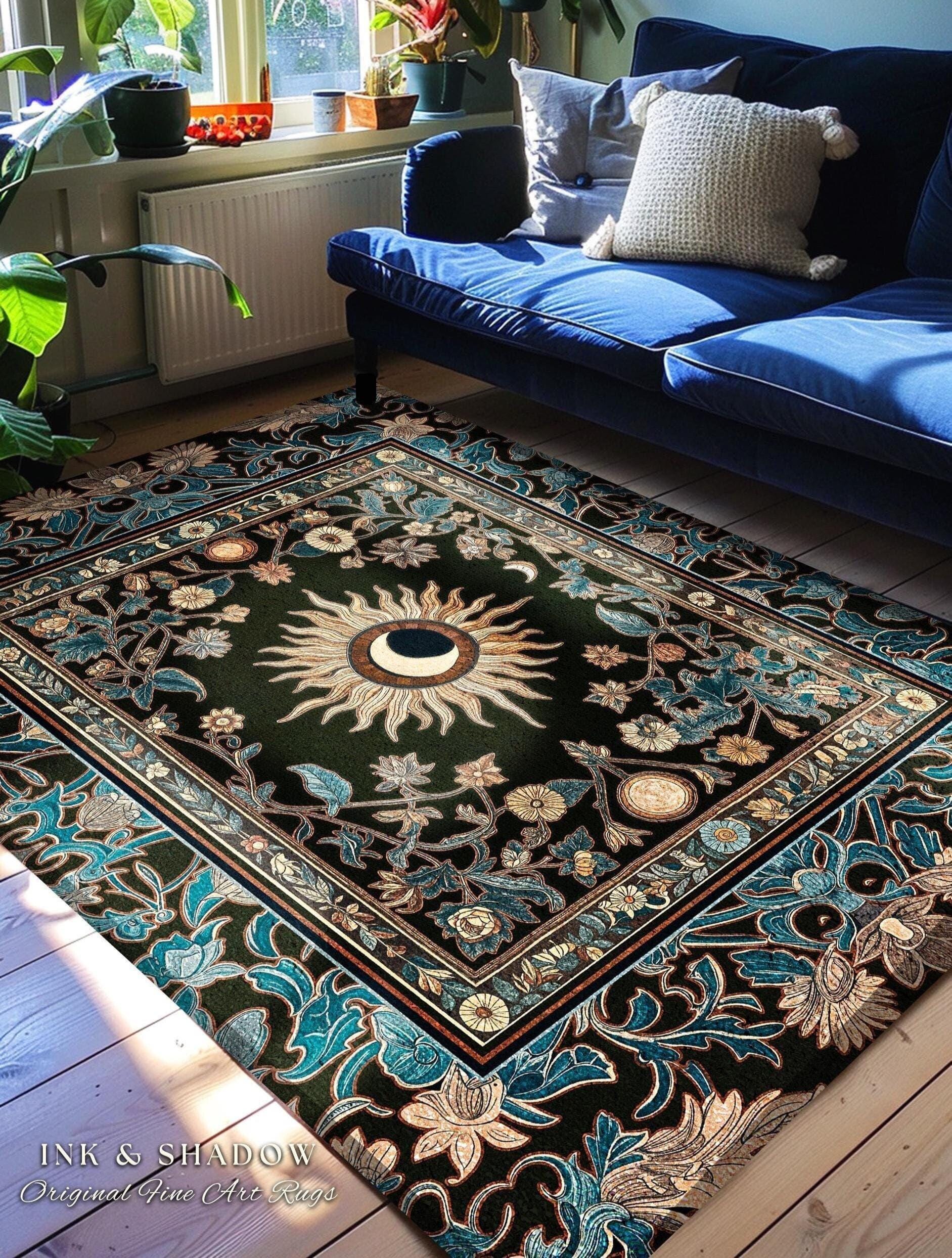 Mystic Moon Dark Academia Rug | Celestial Tarot Inspired Gothic Maximalist Bedroom Rug Whimsical Astrology Ethereal Witchy Home Decor