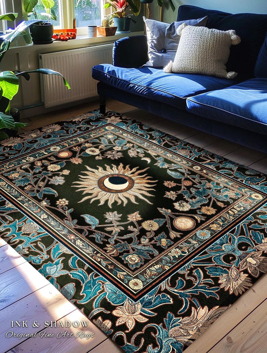 Mystic Moon Dark Academia Rug | Celestial Tarot Inspired Gothic Maximalist Bedroom Rug Whimsical Astrology Ethereal Witchy Home Decor