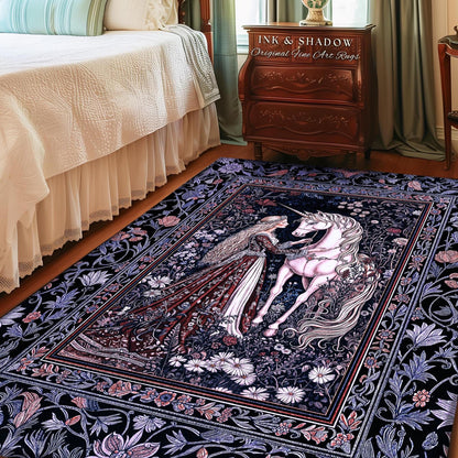 May include: A rectangular area rug with a dark blue background and a floral border. The rug features a woman in a red dress and a white unicorn. The rug has the text "INK & SHADOW Original Fine Art Rugs".