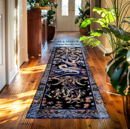 May include: A long, rectangular rug with a detailed dragon design. The rug features a dark blue background with a central dragon motif in white and gold, surrounded by floral patterns. The text "INK & SHADOW Original Fine Art Rugs" is visible.