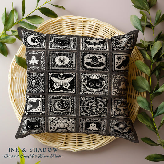 May include: Black and white pillow with a patchwork design featuring various Halloween-themed illustrations, including bats, ghosts, cats, spiders, moons, and pumpkins. The pillow is on a woven wicker surface.
