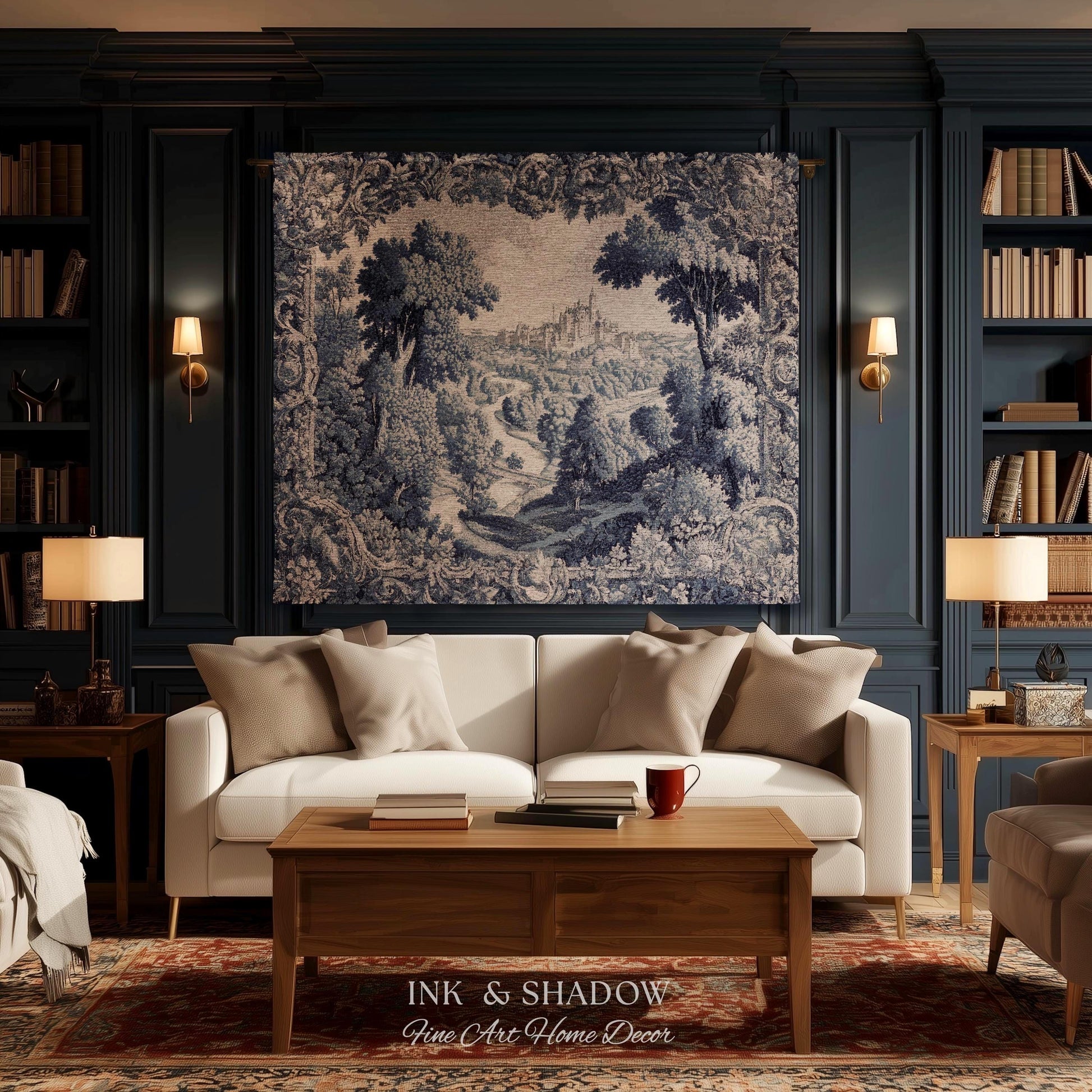 May include: A living room scene with a white sofa, wooden coffee table, and a large tapestry depicting a landscape. The room features dark blue walls, bookshelves, and a red rug. The text "INK & SHADOW Fine Art Home Decor" is visible.