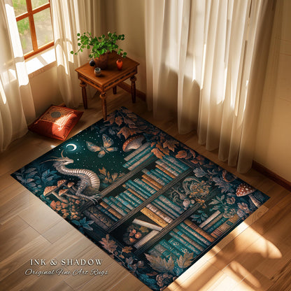 Mystical Woodland Dragon Rug Book Nook Decor | Fairytale Mushroom Cottagecore Vintage Fantasy Library Gothic Dark Academia Folklore Accent