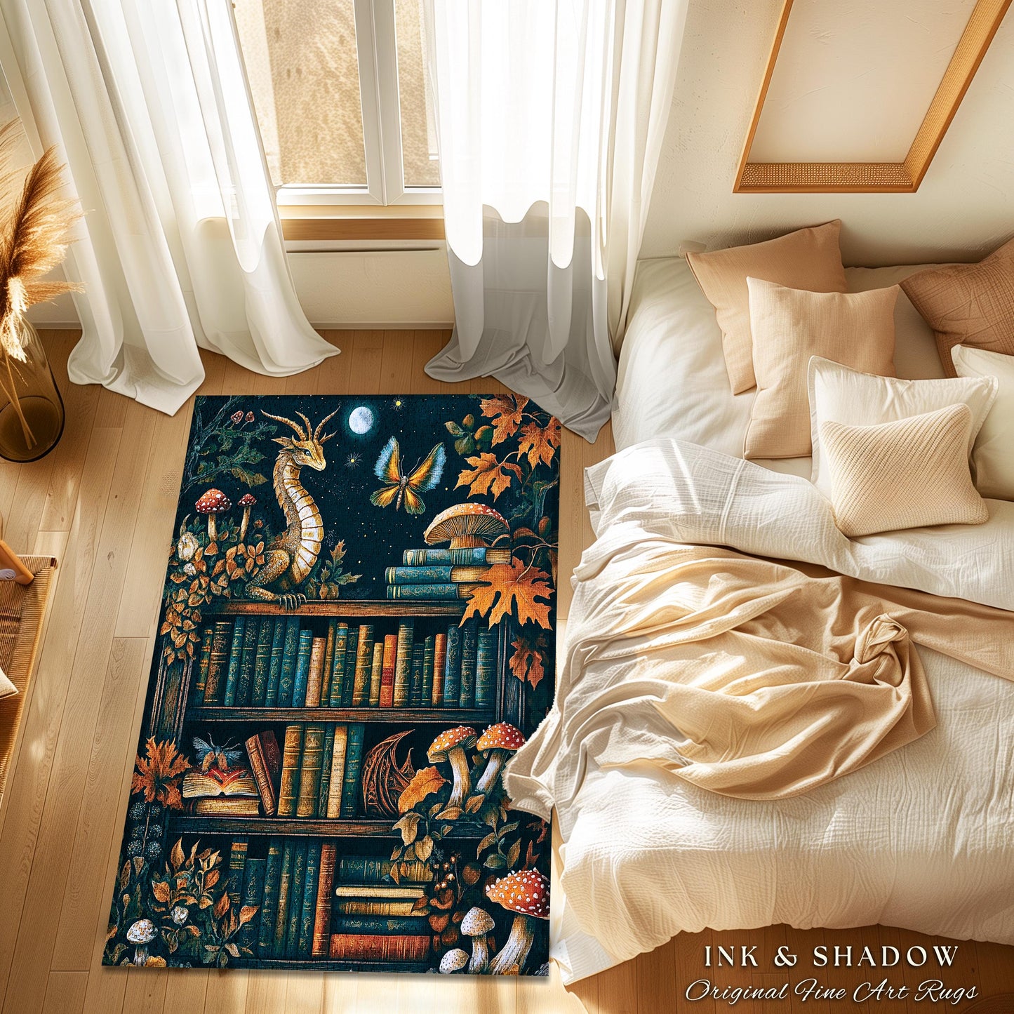 Midnight Magic Literary Dragon Rug Mystic Moon Bookish Home | Whimsigothic Enchanted Academia Art Bookshelf Book Lovers Folklore Fairytale