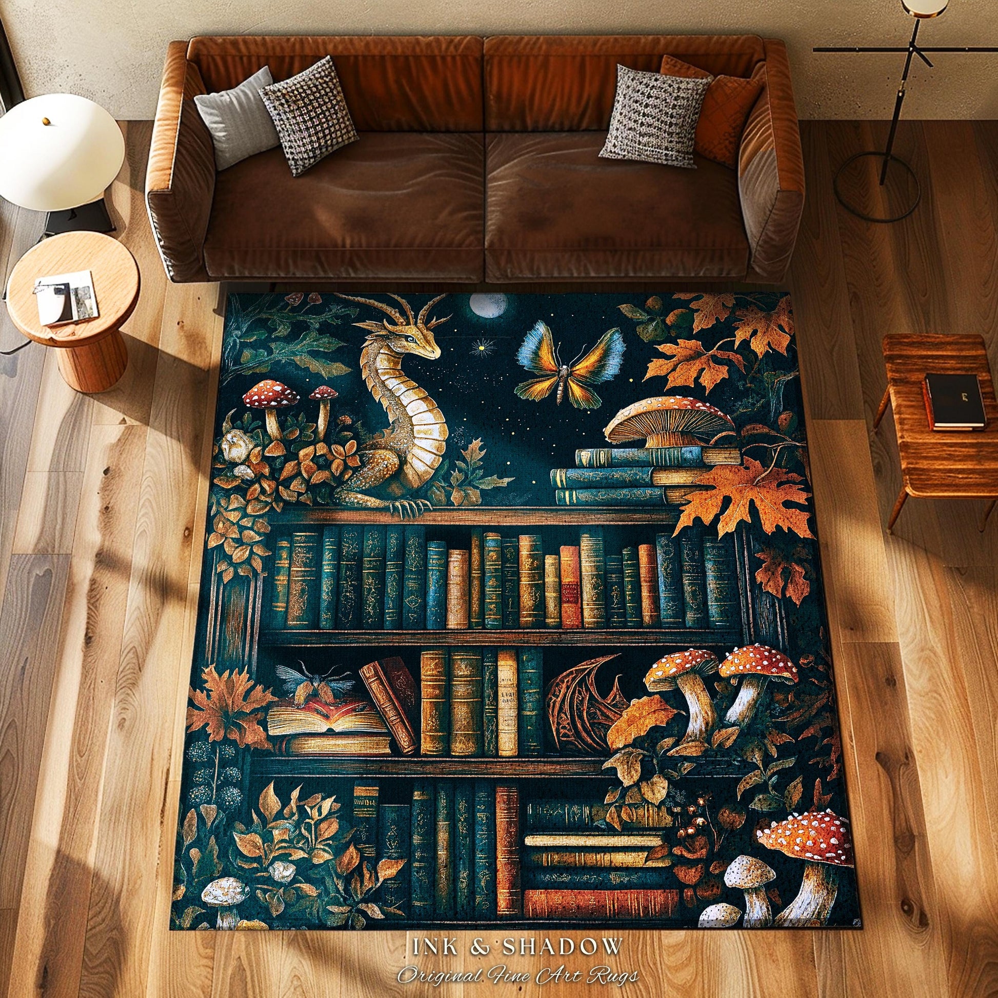 Midnight Magic Literary Dragon Rug Mystic Moon Bookish Home | Whimsigothic Enchanted Academia Art Bookshelf Book Lovers Folklore Fairytale