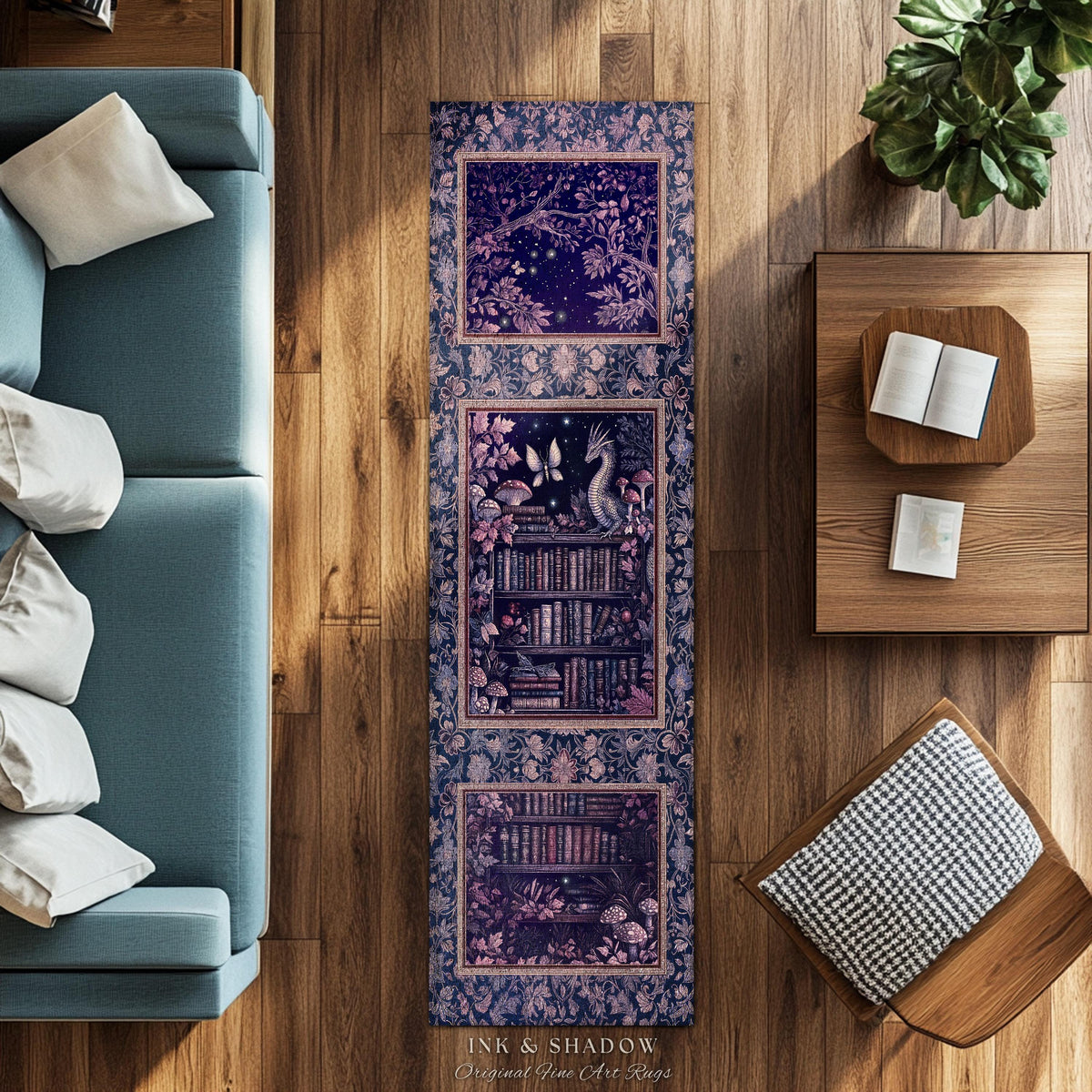 Fairytale Books & Dragon Rug Mystical Cottagecore Purple Decor | Whimsical Witchy Reading Nook Enchanted Victorian Academia Art Area Rug