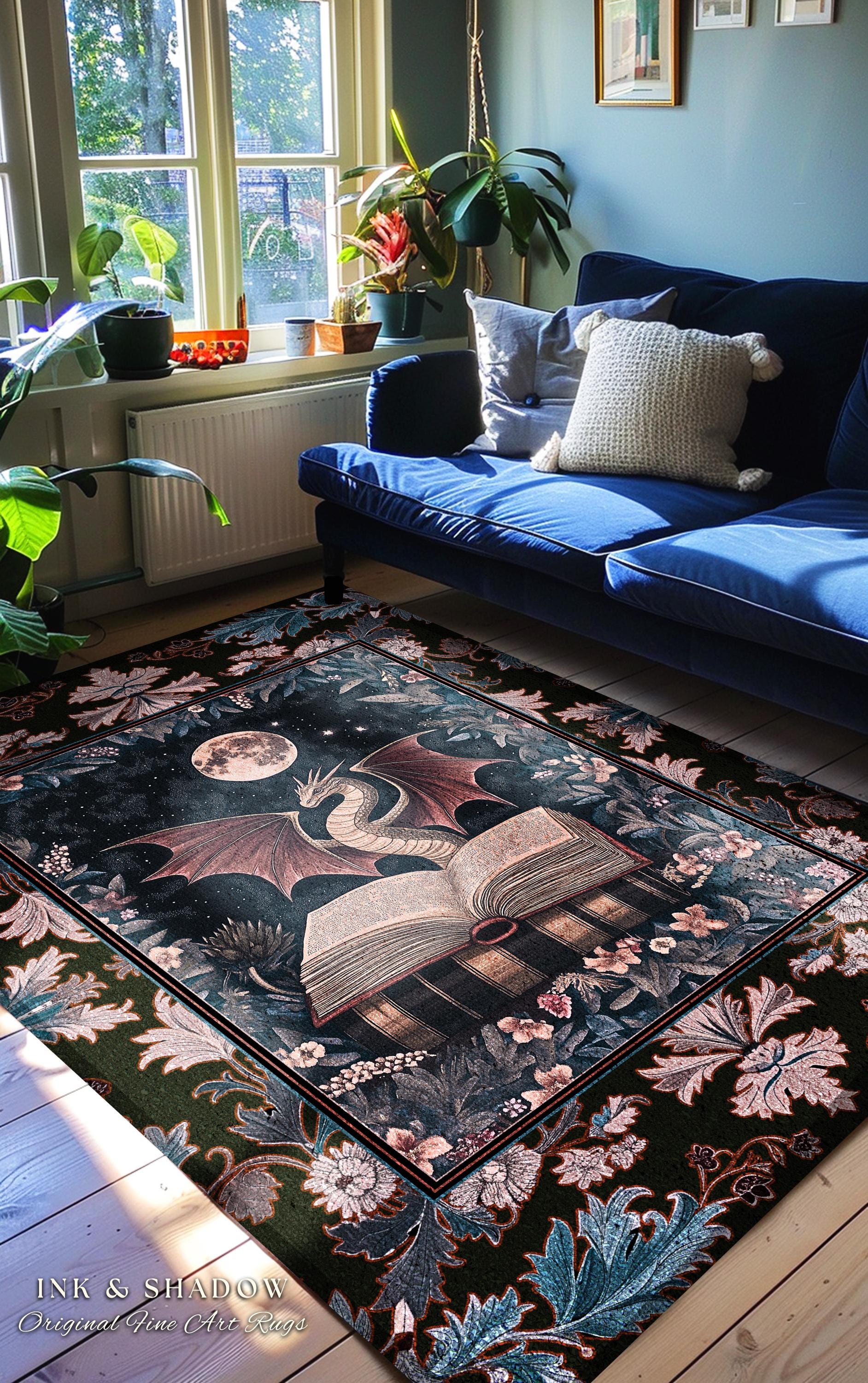 Dark Magic Dragon Theme Rug | Mystic Academia Medieval Fantasy Area Rug Moonlit Romantic Baroque Tree Ethereal Fantasy Reading Room Decor