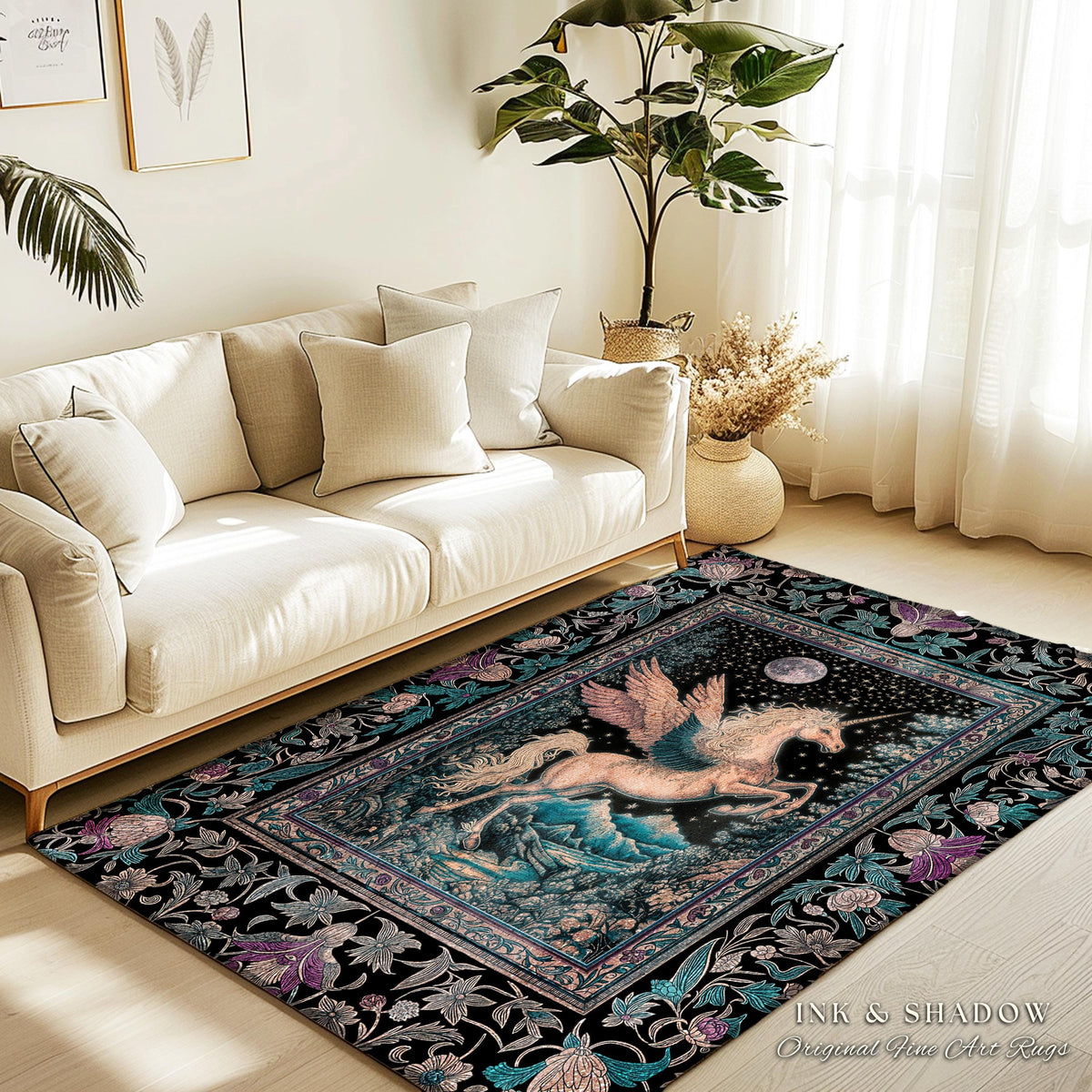 Pastel Moonlight Rustic Pegasus Rug | Baroque Fairytale Decor Whimsical Cottagecore Accent Fantasy Forest Regal Castlecore Maximalist Decor