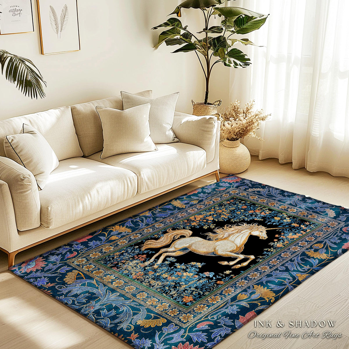 Twilight Floral Ornate Unicorn Rug | Baroque Fairytale Midnight Castlecore Decor Regal Romantic Gothic Mystical Rococo Whimsical Art Accent