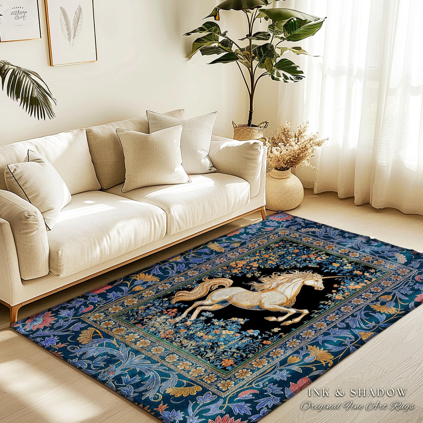 Twilight Floral Ornate Unicorn Rug | Baroque Fairytale Midnight Castlecore Decor Regal Romantic Gothic Mystical Rococo Whimsical Art Accent