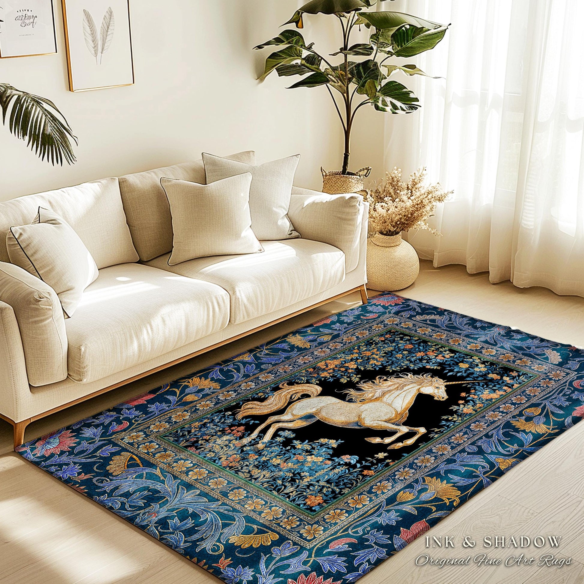 Twilight Floral Ornate Unicorn Rug | Baroque Fairytale Midnight Castlecore Decor Regal Romantic Gothic Mystical Rococo Whimsical Art Accent