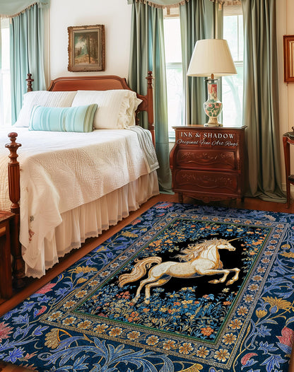 Twilight Floral Ornate Unicorn Rug | Baroque Fairytale Midnight Castlecore Decor Regal Romantic Gothic Mystical Rococo Whimsical Art Accent