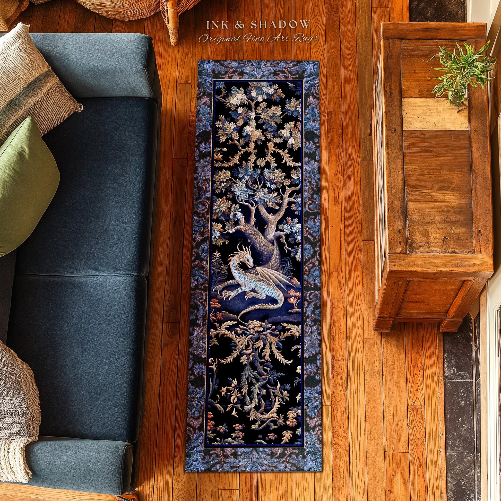 Mystic Moody Dragon Runner Rug | Ethereal Botanical Woodland Magic Fantasy Forest Rocco Baroque Whimsical Tree Entryway Statement Floor Art