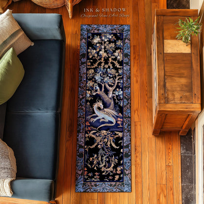 Mystic Moody Dragon Runner Rug | Ethereal Botanical Woodland Magic Fantasy Forest Rocco Baroque Whimsical Tree Entryway Statement Floor Art