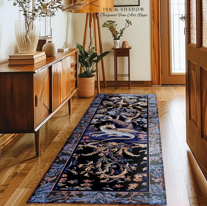 Mystic Moody Dragon Runner Rug | Ethereal Botanical Woodland Magic Fantasy Forest Rocco Baroque Whimsical Tree Entryway Statement Floor Art
