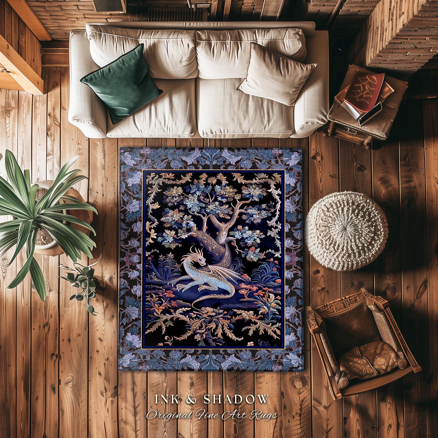 Mystic Moody Dragon Runner Rug | Ethereal Botanical Woodland Magic Fantasy Forest Rocco Baroque Whimsical Tree Entryway Statement Floor Art