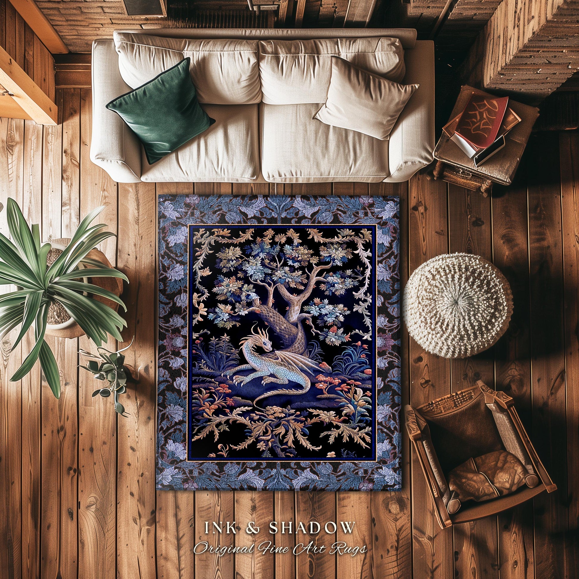 Mystic Moody Dragon Runner Rug | Ethereal Botanical Woodland Magic Fantasy Forest Rocco Baroque Whimsical Tree Entryway Statement Floor Art