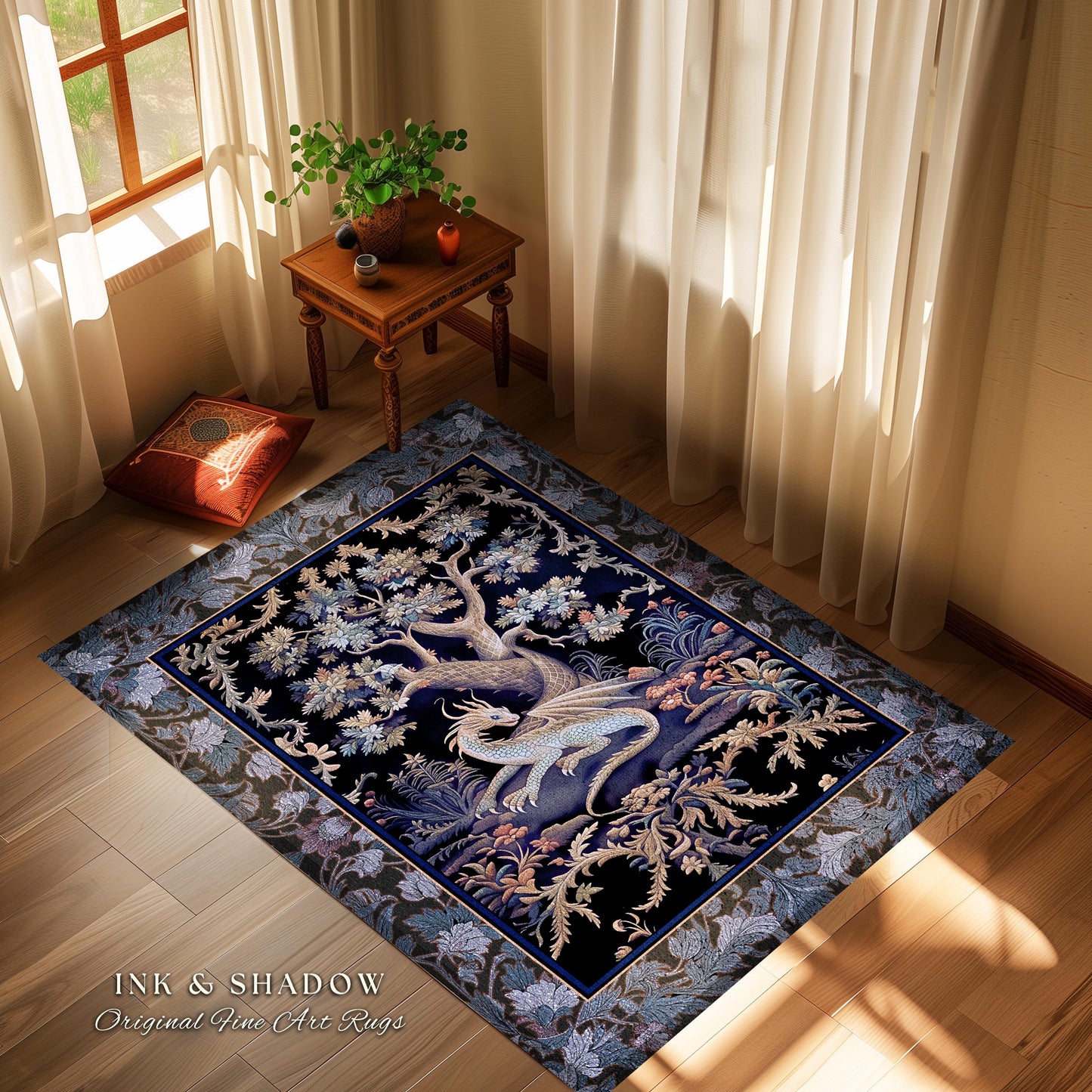 Mystic Moody Dragon Runner Rug | Ethereal Botanical Woodland Magic Fantasy Forest Rocco Baroque Whimsical Tree Entryway Statement Floor Art