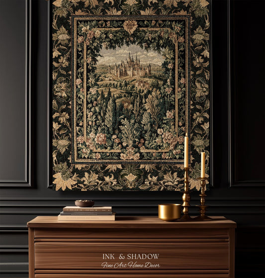 May include: A rectangular wall tapestry featuring a detailed woven landscape with a central castle, rolling hills, and lush foliage, framed by a dark floral border. The text "INK & SHADOW Fine Art Home Decor" is visible on the wooden surface below.