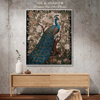 May include: A framed art print featuring a peacock perched on a tree branch, set against a backdrop of floral patterns. The peacock displays vibrant blue and green plumage. The artwork is labeled "INK & SHADOW Original Fine Art Throws".