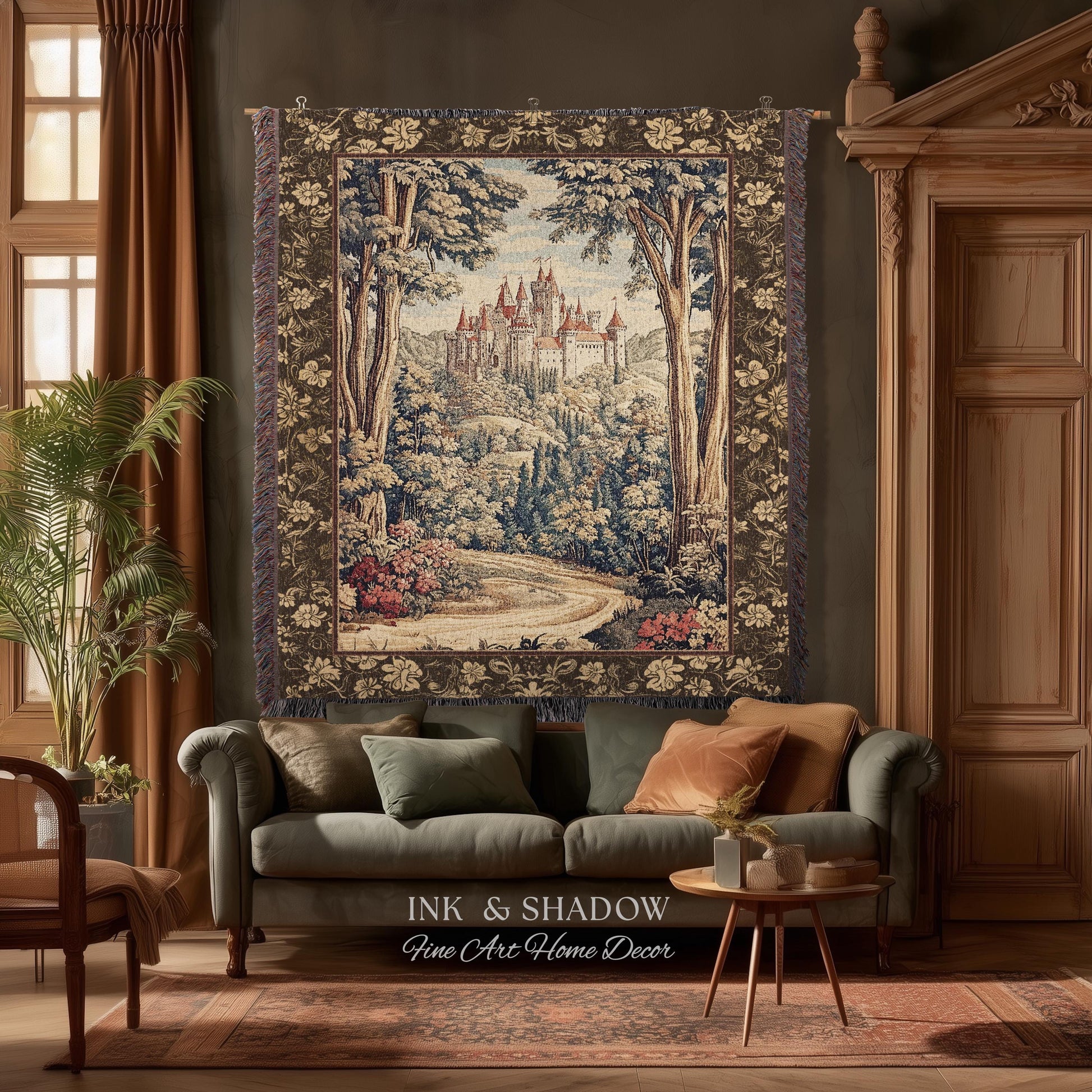 Book Nook Fairytale Castle Tapestry Throw, Woodland Fairycore Bohemian Folklore Aesthetic Magical Landscape Forestcore Dark Academia Blanket