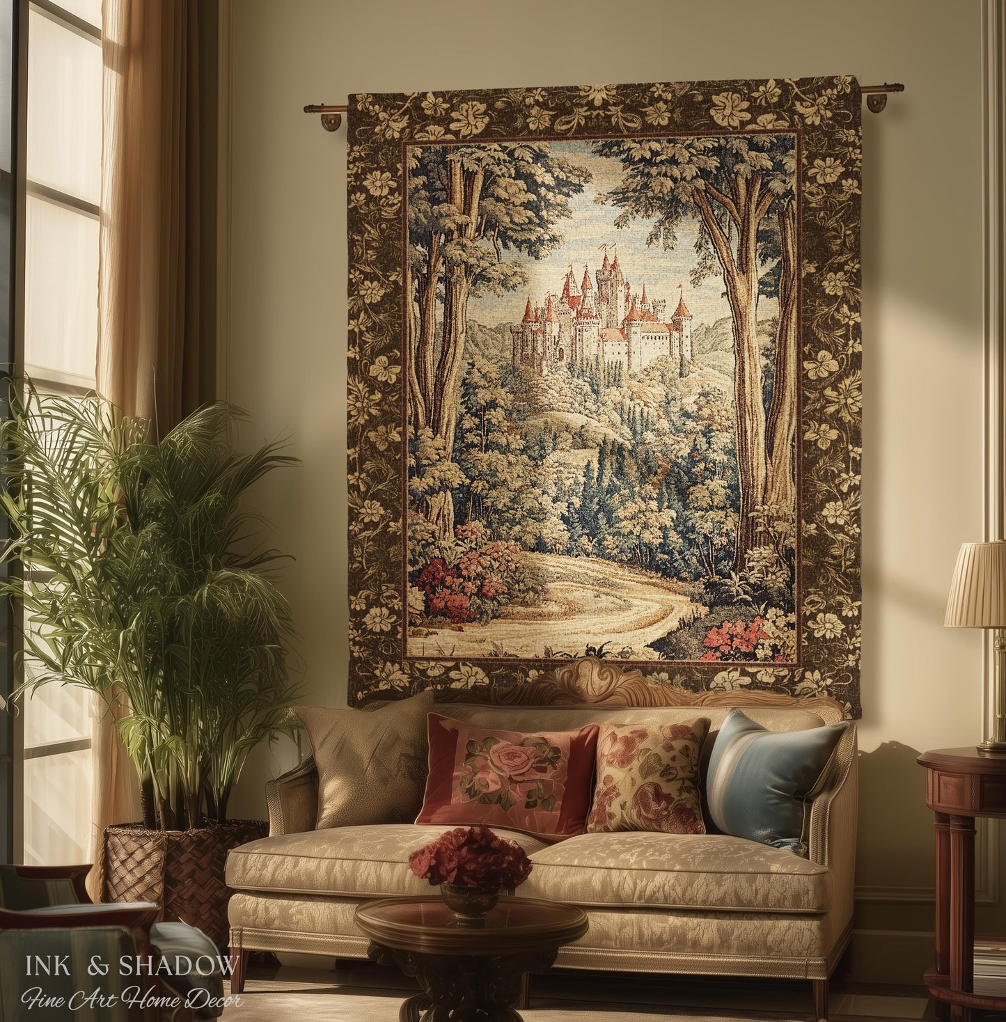 May include: A rectangular wall tapestry featuring a woven scene of a castle on a hill surrounded by trees and a winding path. The tapestry has a dark brown floral border and is hung on a metal rod. The text Ink & Shadow Fine Art Home Decor is visible.