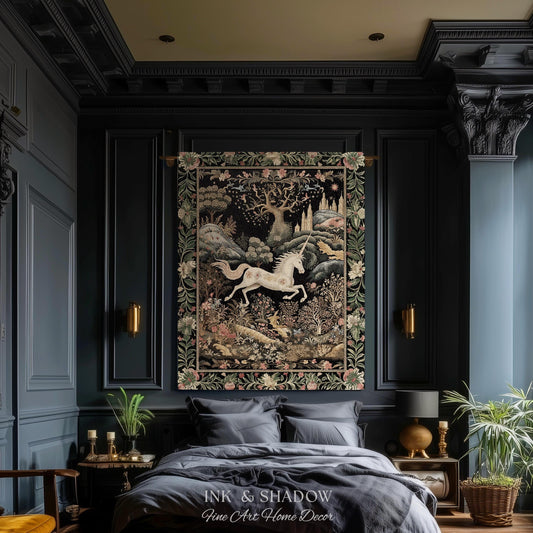 Fairytale Unicorn Tapestry Blanket | Folklore Aesthetic Room Decor Morris Inspired Cottagecore Cozy Fairycore Woven Throw Mystical Bedroom