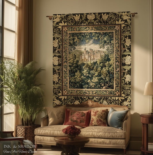 May include: A rectangular wall tapestry featuring a central landscape scene of a castle nestled in a forest, surrounded by a wide black border with a repeating floral pattern in cream and green. The tapestry hangs from a metal rod.