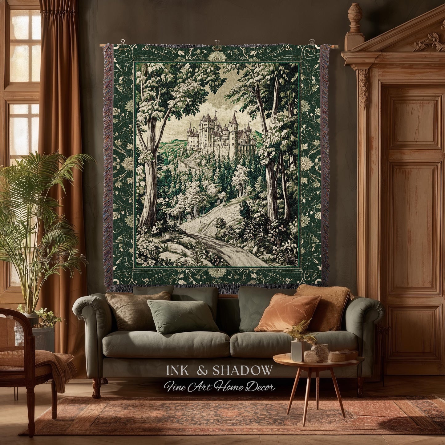 Medieval Castle Woodland Forest Tapestry Blanket Forestcore Dark Academia Fairytale Decor | Fairycore Magical Emerald Green Landscape Throw