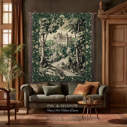 Medieval Castle Woodland Forest Tapestry Blanket Forestcore Dark Academia Fairytale Decor | Fairycore Magical Emerald Green Landscape Throw