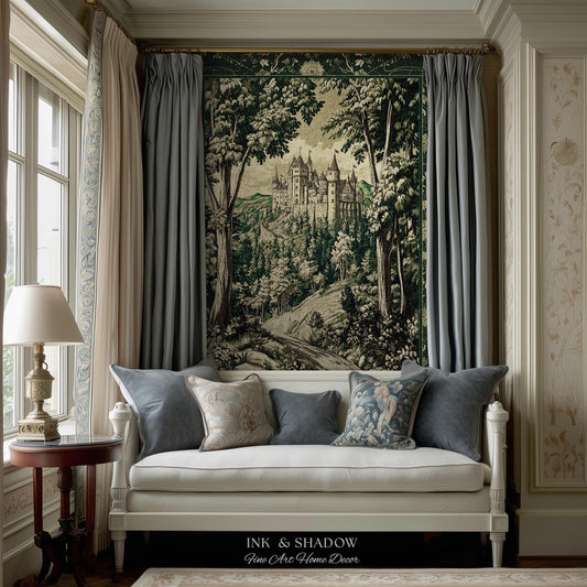 May include: A wall tapestry featuring a detailed forest landscape with a central castle, displayed above a white upholstered bench with gray and patterned throw pillows. The text "INK & SHADOW Fine Art Home Decor" is printed at the bottom.