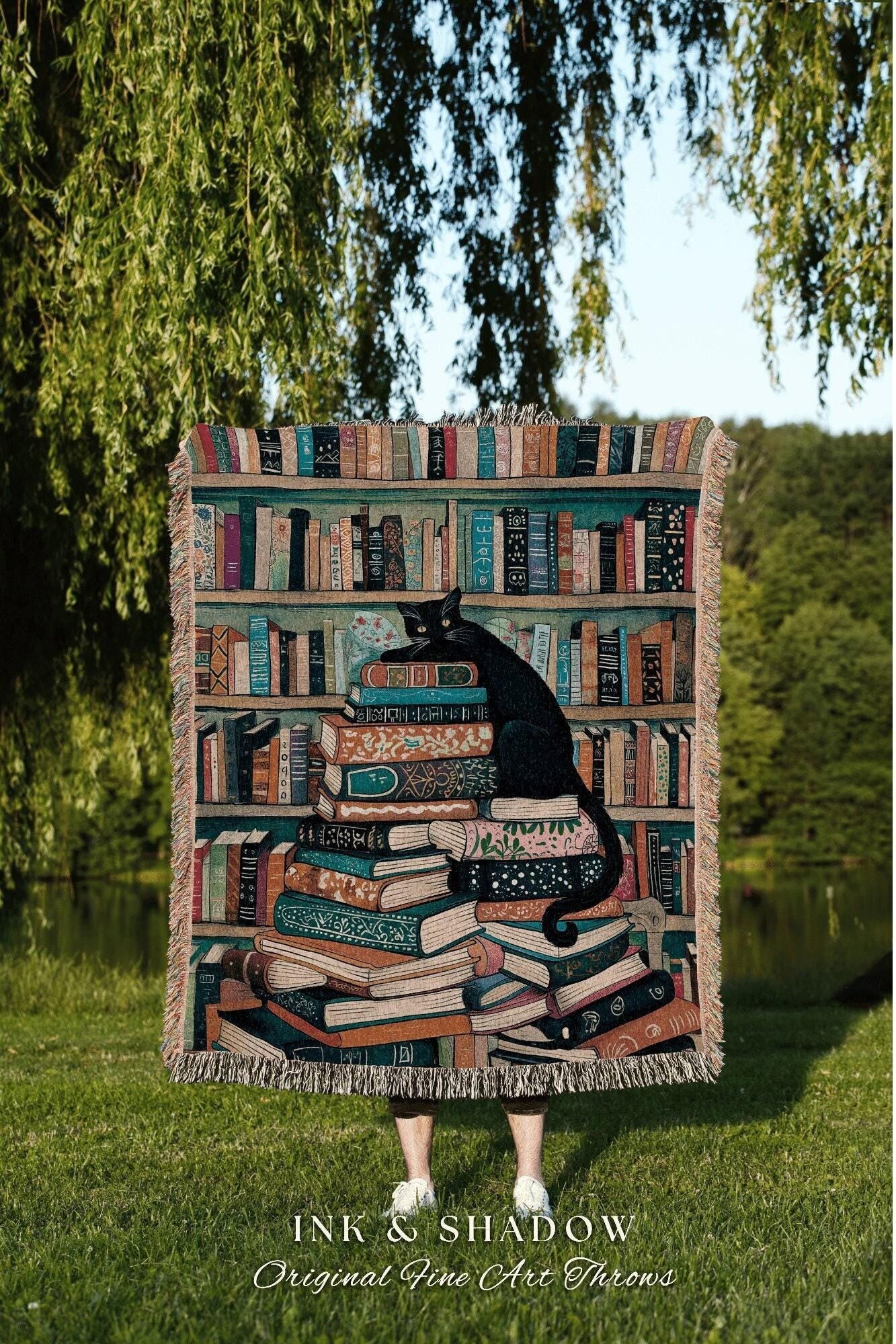 Whimsical Black Cat Book Lover Woven Tapestry Blanket | Literary Library Bookshelf Dark Academia Art Cozy Reading Nook Cute Cottagecore Home