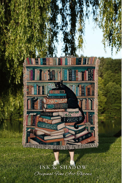 Whimsical Black Cat Book Lover Woven Tapestry Blanket | Literary Library Bookshelf Dark Academia Art Cozy Reading Nook Cute Cottagecore Home