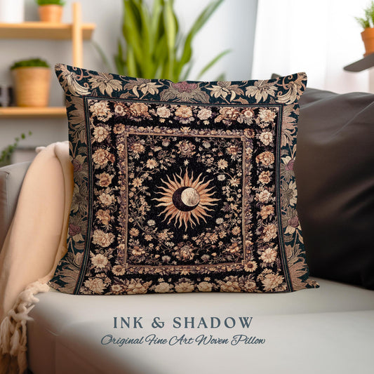 May include: A black and gold woven pillow with a sun and moon design surrounded by floral patterns. The pillow has the text "INK & SHADOW Original Fine Art Woven Pillow" printed on the bottom.