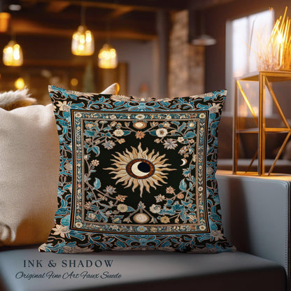 Mystic Moon Dark Academia Pillow | Celestial Tarot Inspired Gothic Maximalist Bedroom Woven Tapestry Cushion Whimsical Astrology Ethereal |