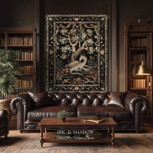 Medieval Aesthetic Dragon Blanket | Fairytale Inspired Nursery Decor Morris Style Cottagecore Fairycore Woven Throw Tapestry Botanical |
