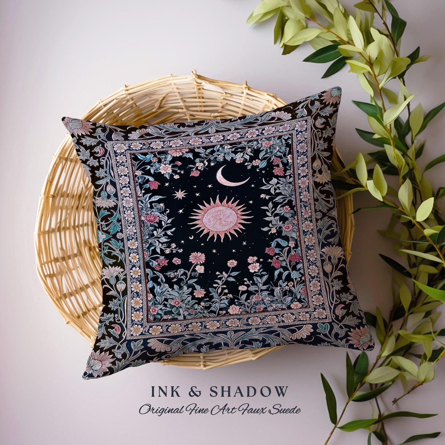 Midnight Lavender Celestial Pillow | Witchy Pastel Tarot-Inspired Bohemian Sun & Moon Maximalist Astrology Whimsical Purple Tapestry Cushion