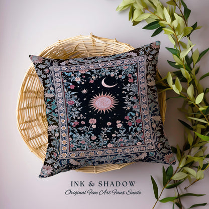 Midnight Lavender Celestial Pillow | Witchy Pastel Tarot-Inspired Bohemian Sun & Moon Maximalist Astrology Whimsical Purple Tapestry Cushion