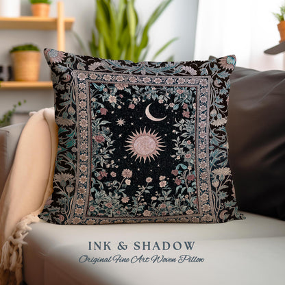 May include: A black woven pillow with a floral pattern and a sun and moon design in the center. The pillow has a border of intricate floral designs. The text "INK & SHADOW Original Fine Art Woven Pillow" is printed on the bottom of the image.