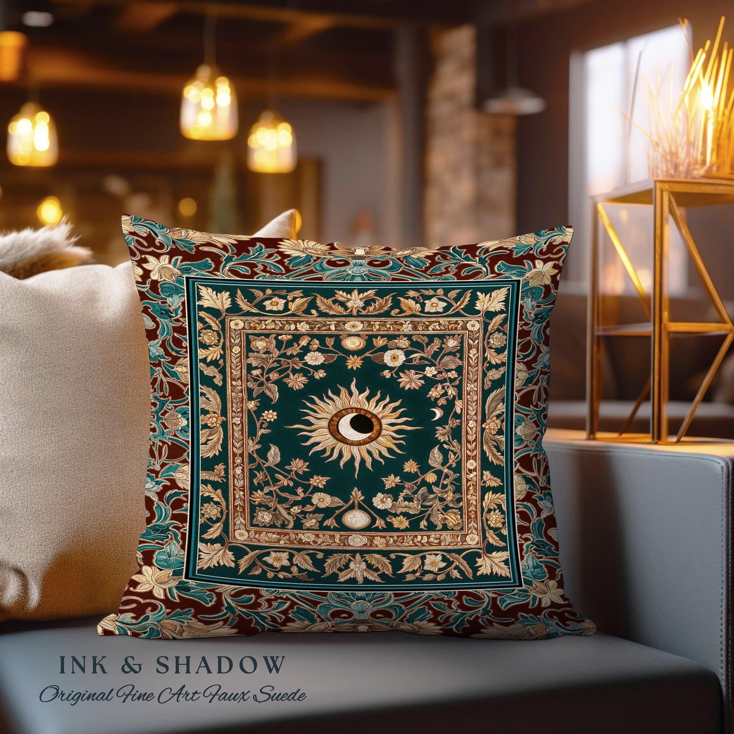 Moon and Sun Ethereal Bohemian Pillow | Celestial Tarot Aesthetic Zodiac Inspired Floral Maximalist Bed Ethereal Astrology Witchy Cushion